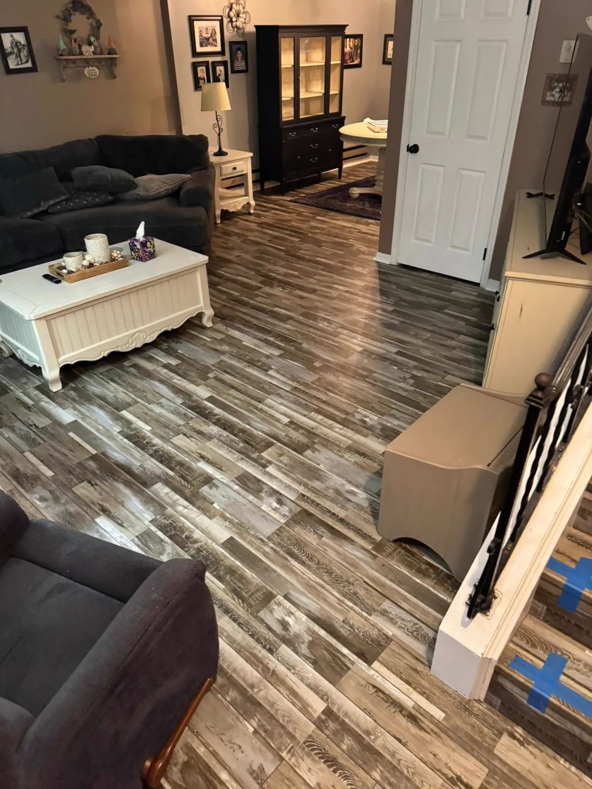 Distressed wide-plank in living room
